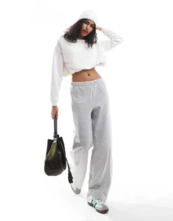 Pieces Bubble Hem Sweat And Wiide Leg Jogger Co-ord In Grey And Cream