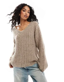 Pieces Open V Neck Jumper In Taupe For Women Taupe Gray