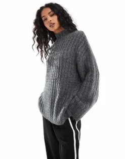 Pieces Longline Jumper With High Neck In Grey For Women Dark Grey Melange
