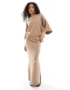 Pieces Mix & Match Knitted Skirt, T-shirt And Cardigan Co-ord In Taupe