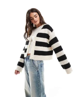 Pieces Cardigan In Wide Mono Stripe For Women Birch