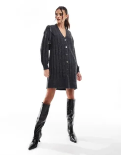 Pieces Wide Rib Knitted Cardigan Mini Dress In Dark Grey For Women Dark Grey Melange