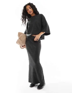 Pieces Mix & Match Knitted Maxi Skirt Co-ord In Charcoal For Women Dark Grey Melange