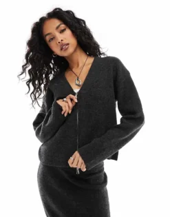 Pieces Mix & Match V Neck Cardigan Co-ord In Charcoal For Women Dark Grey Melange