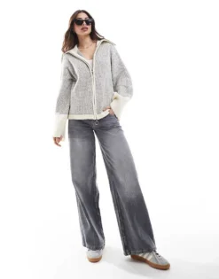 Pieces Jacquard Zip Through Cardigan With Wide Sleeves In Cream And Grey Mix For Women Birch
