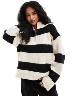 Pieces Zip High Neck Jumper In Wide Mono Stripe For Women Birch