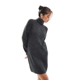 Pieces Roll Neck Mini Jumper Dress In Dark Grey For Women Dark Grey Melange