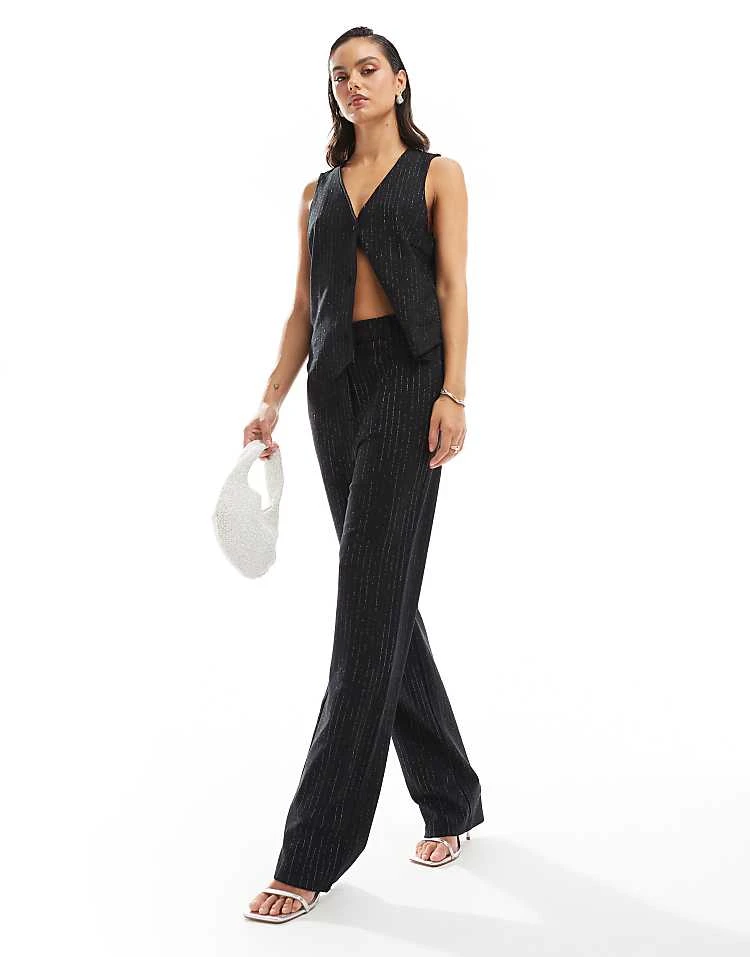 Pieces Mix & Match Glitter Pinstripe Waistcoat And Mini Skirt Set In Black - Image 4