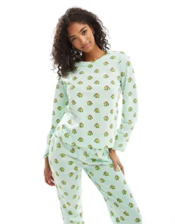 Pieces Christmas Long Sleeve Pyjama Set In Green Santa Hat Wearing Fish Print For Women