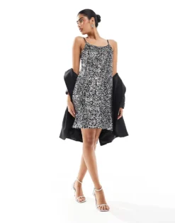 Pieces Sequin Scoop Cami Mini Dress In Black And Silver For Women Black Sequin