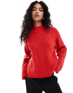 Pieces High Neck Jumper With Wide Sleeves In Bittersweet Red For Women