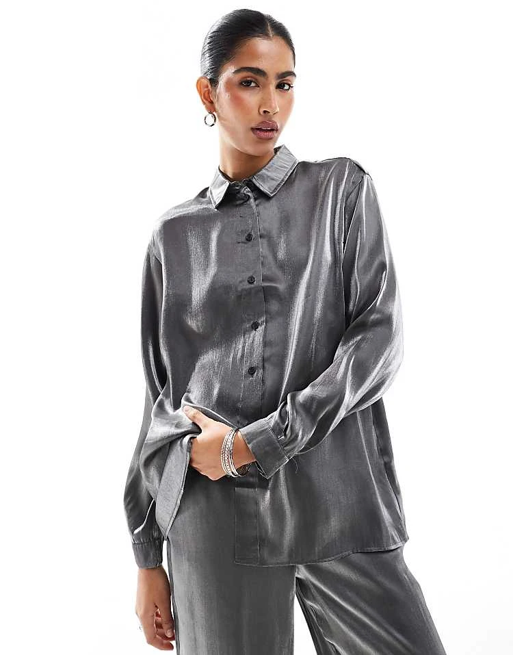 Pieces Oversized Shirt And Trouser Co-ord In Metallic Grey - Image 2