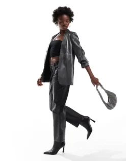 Pieces Ruched Sleeve Blazer In Metallic Black For Women