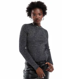 Pieces Long Sleeve Ribbed Knit Top In Silver Glitter For Women Black Glitter