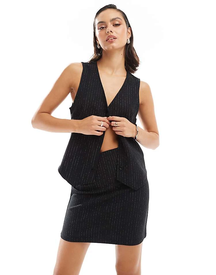 Pieces Mix & Match Glitter Pinstripe Waistcoat And Mini Skirt Set In Black - Image 3