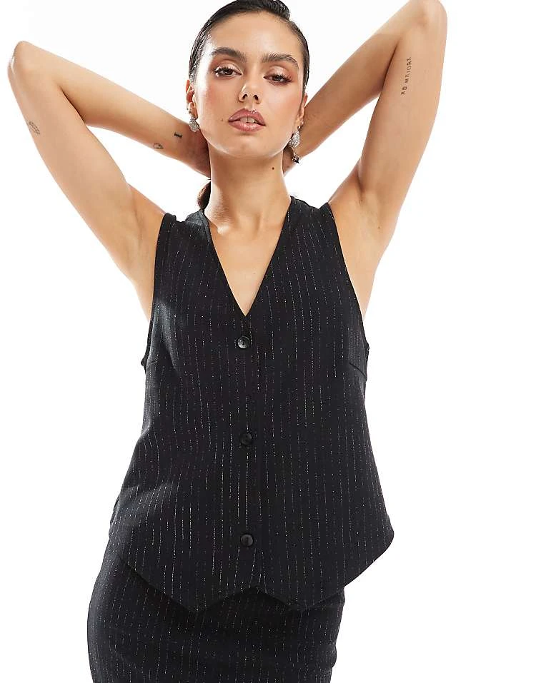Pieces Mix & Match Glitter Pinstripe Waistcoat And Mini Skirt Set In Black - Image 2