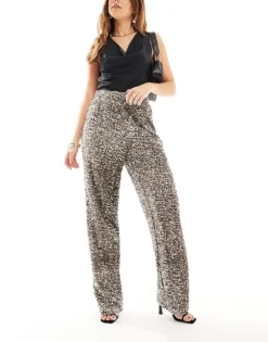 Pieces Wide Leg Velour Sequin Trouser In Taupe For Women Taupe Sequins