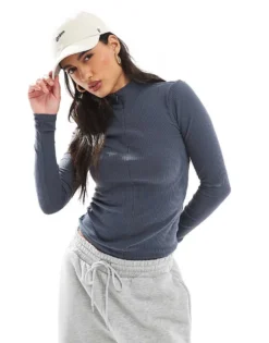 Pieces Ribbed Jersey Double Zip Top In Grey Blue For Women