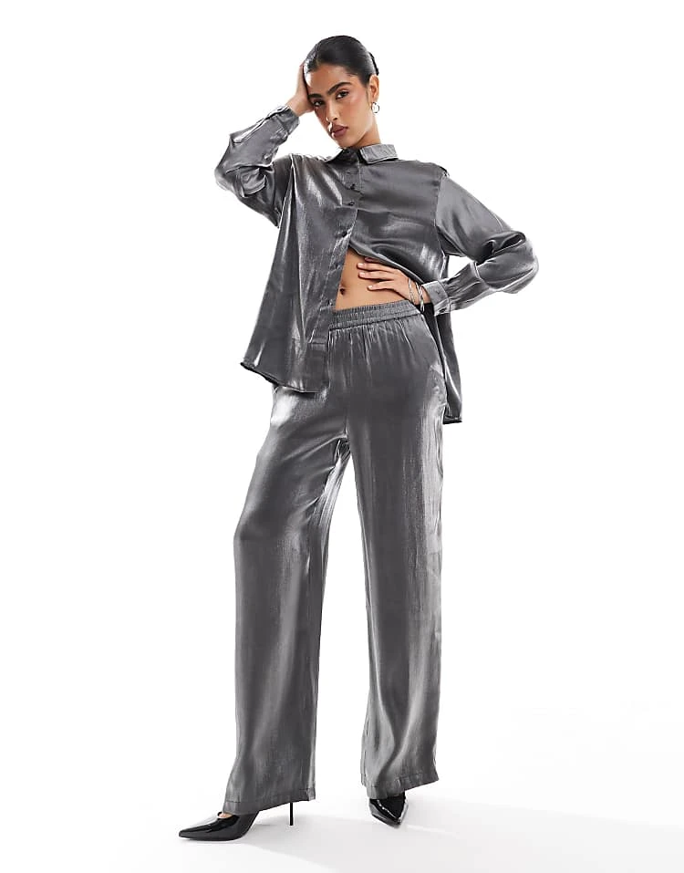 Pieces Oversized Shirt And Trouser Co-ord In Metallic Grey - Image 3