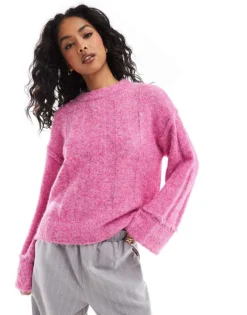 Pieces Ribbed Knit Jumper With Wide Sleeves In Pink Melange For Women