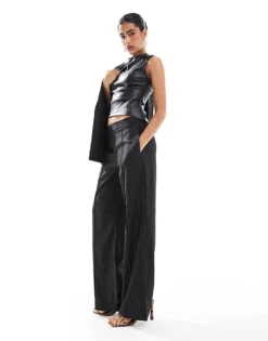 Pieces Wide Leg Trouser Co-ord In Black Glitter Pinstripe For Women Black Silver