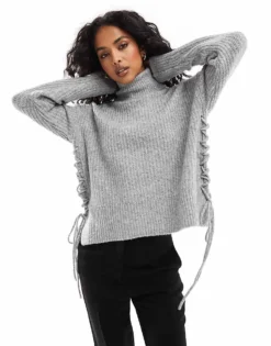 Pieces Roll Neck Jumper With Side Ties In Dark Grey For Women Medium Grey Melange