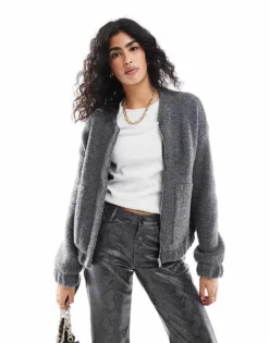 Pieces Boucles Fluffy Knitted Jacket In Dark Grey For Women Dark Grey Melange