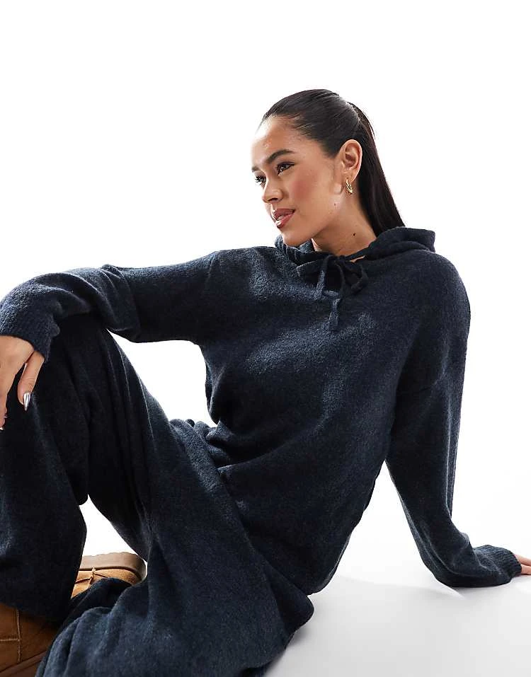 Pieces Cozy Knitted Hoodie And Jogger Co-ord In Navy Melange - Image 2