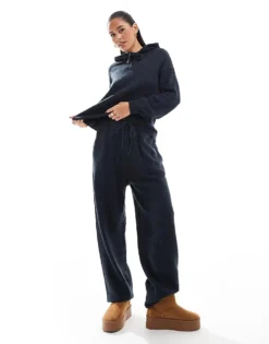 Pieces Cozy Knitted Hoodie And Jogger Co-ord In Navy Melange