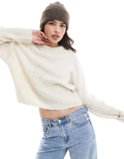 Pieces Fluffy Jumper In Motled Cream For Women Birch
