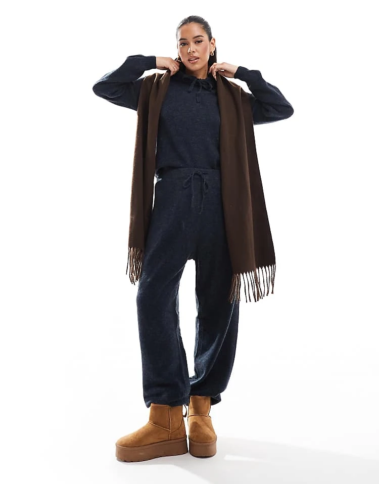 Pieces Cozy Knitted Hoodie And Jogger Co-ord In Navy Melange - Image 3