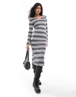 Pieces V-neck Long Sleeve Knitted Maxi Dress In Multi Grey Stripe For Women Black Grey Stripes