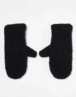 Pieces Leather Look And Borg Mix Mittens In Black For Women