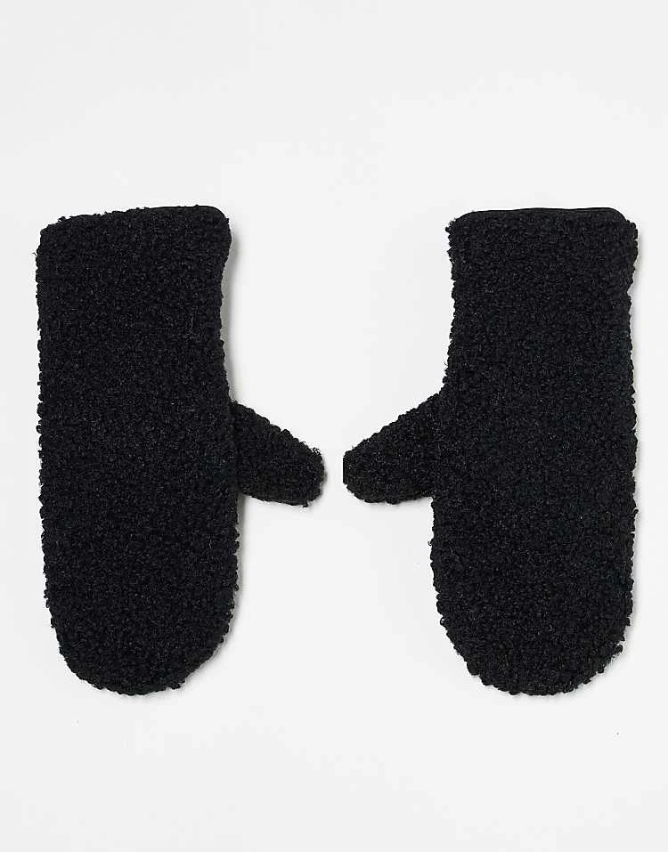 Pieces Leather Look And Borg Mix Mittens In Black For Women