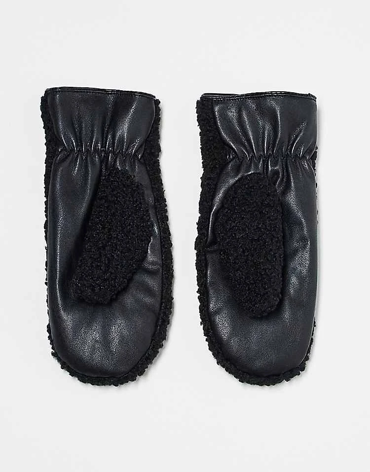 Pieces Leather Look And Borg Mix Mittens In Black For Women - Image 2