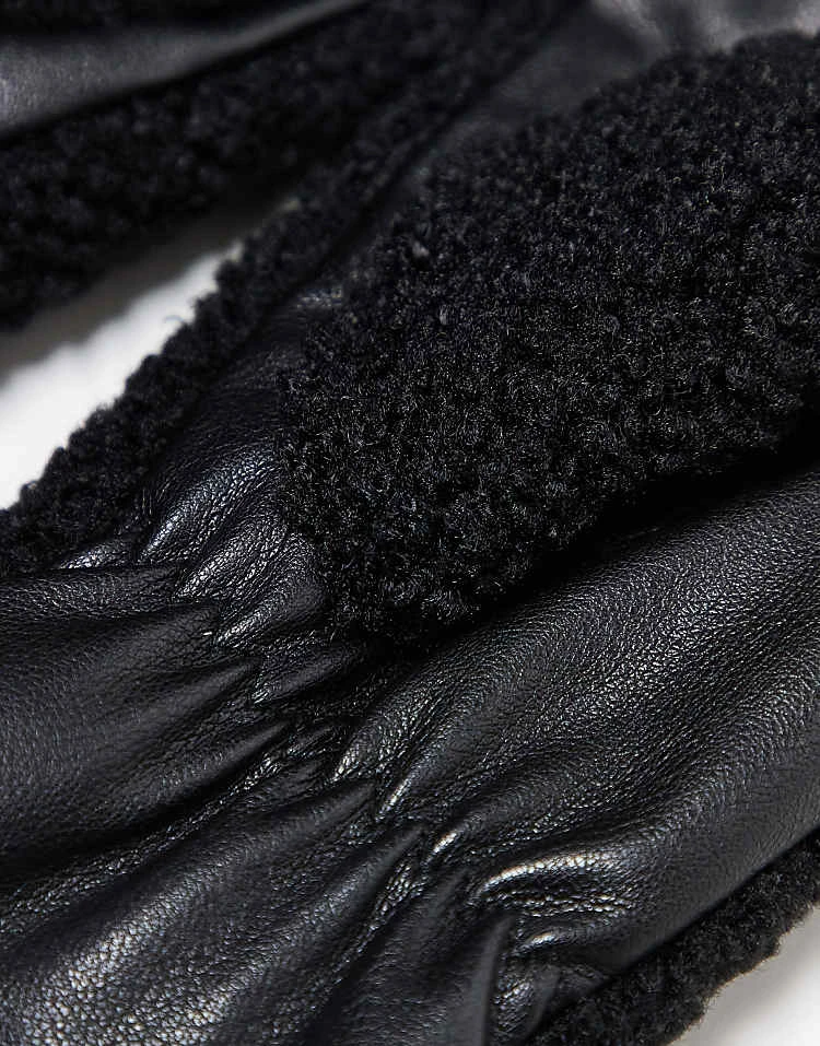Pieces Leather Look And Borg Mix Mittens In Black For Women - Image 3