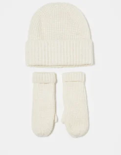 Pieces 2 Pack Gift Set Textured Beanie Hat And Mittens In Cream For Women