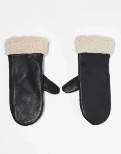 Pieces Real Leather Mittens With Borg Trim In Black For Women
