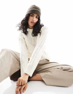 Pieces Spliced Cable Knit Detail Jumper With Split Front In Cream For Women Egret