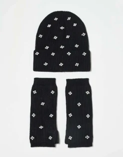 Pieces 2 Pack Gift Set Pearl Detail Beanie Hat And Arm Warmers In Black For Women
