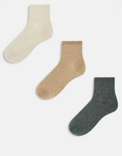 Pieces Scallop Trim Sock 3-pack In Grey, Camel And Birch For Women