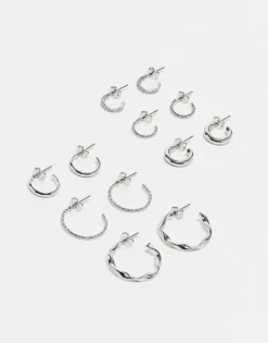 Pieces Multi Design Hoop Earring 6-pack In Silver For Women