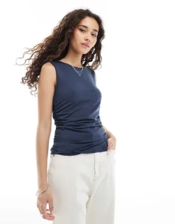 Pieces Jersey Ruched Sleeveless Top In Ombre Blue For Women