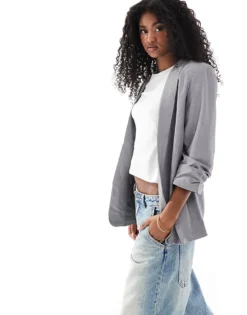 Pieces Ruched Sleeve Blazer In Light Grey Melange For Women