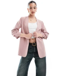 Pieces Ruched Sleeve Blazer In Woodrose Pink For Women