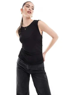 Pieces Jersey Ruched Sleeveless Top In Black For Women