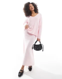 Pieces Fluffy Knitted Maxi Skirt Co-ord In Pink For Women