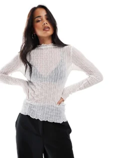 Pieces Textured Boat Neck Top With Lettuce Edge In White For Women