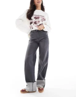 Pieces Straight Leg Fold Up Jeans In Washed Grey For Women