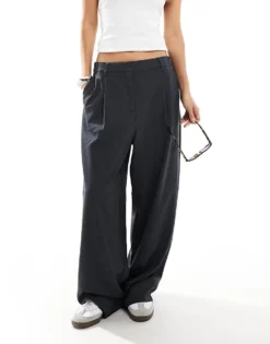 Pieces Baggy Tailored Dad Trousers In Dark Grey For Women